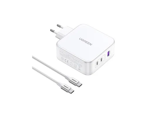 Зарядний пристрій Ugreen 3xUSB 140W GaN (2хUSB-C+USB-A) CD289 with C to C Cable 1.5 м White (15339)