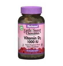 Вітамін Bluebonnet Nutrition Вітамін D3 1000IU, Смак Малини, Earth Sweet Chewables, 90 ж (BLB-00362)