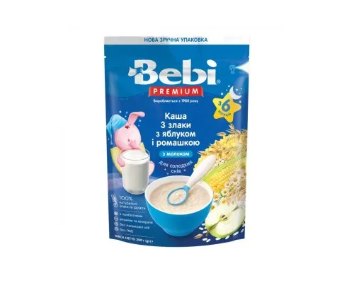 Дитяча каша Bebi Premium молочна 3 злаки з яблуком та ромашкою +6 міс. 200 г (8606019654399)