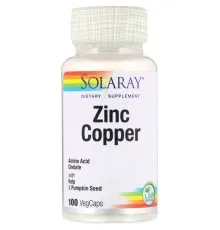 Минералы Solaray Цинк и Медь, Zinc Copper, 100 вегетарианских капсул (SOR-47105)