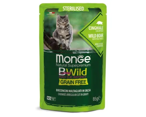 Влажный корм для кошек Monge Cat Bwild GR.FREE Wet Sterilised мясо дикого кабана с овощами 85 г (8009470012805)