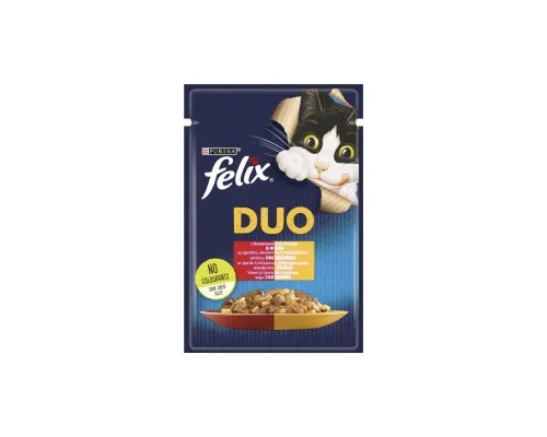 Вологий корм для кішок Purina Felix Fantastic Duo з яловичиною та птицею шматочки в желе 85 г (7613287027597)