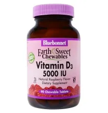 Вітамін Bluebonnet Nutrition Вітамін D3 5000IU, Смак Малини, Earth Sweet Chewables, 90 ж (BLB-00366)