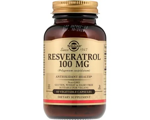 Антиоксидант Solgar Ресвератрол, Resveratrol, 100 мг, 60 вегетаріанських капсул (SOL-02335)