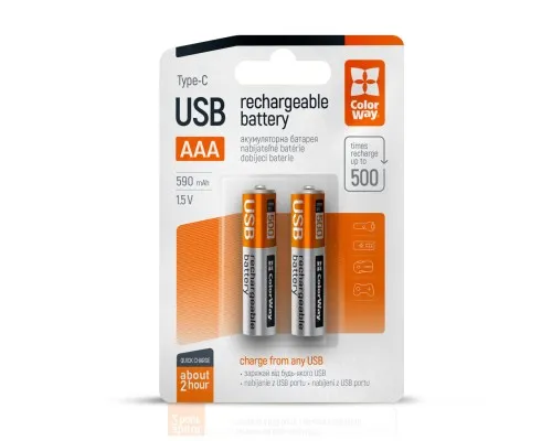 Аккумулятор ColorWay AAА USB-С 590 mAh 1.5V (2шт) (Li-Polymer) (CW-UBAAA-09)