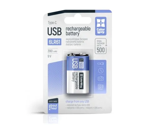 Акумулятор Крона USB-С 390 mAh 9V (Li-Polymer) ColorWay (CW-UB9V-06)