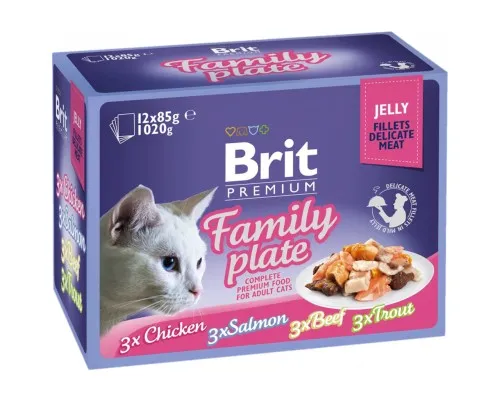Вологий корм для кішок Brit Premium Cat сімейна тарілка в желе 12 шт х 85 г (8595602519408)