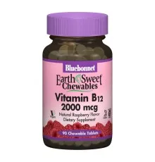 Вітамін Bluebonnet Nutrition Вітамін В12 2000мкг, Смак Малини, Earth Sweet Chewables, 90 (BLB-00436)