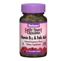 Вітамін Bluebonnet Nutrition Вітамін В12 и Фолієва кислота, Смак Малини, Earth Sweet Chew (BLB-00435)