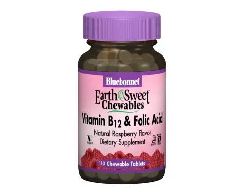 Вітамін Bluebonnet Nutrition Вітамін В12 и Фолієва кислота, Смак Малини, Earth Sweet Chew (BLB-00435)