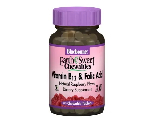 Витамин Bluebonnet Nutrition Витамин В12 и Фолиевая кислота, Вкус Малины, Earth Sweet Che (BLB-00435)