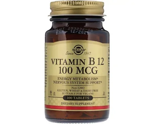 Вітамін Solgar Вітамін В12 (Ціанокобаламін), Vitamin B12, 100 мкг, 100 табл (SOL-03180)