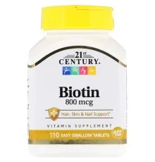 Витамин 21st Century Биотин, 800 мкг, 21st Century, 110 таблеток (CEN-22881)