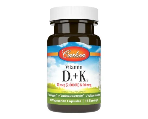 Вітамін Carlson Вітамін D3+K2, 2000 МО та 90 мкг, Vitamin D3+K2, 30 вегетарі (CL10600)