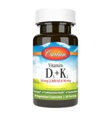 Вітамін Carlson Вітамін D3+K2, 2000 МО та 90 мкг, Vitamin D3+K2, 60 вегетарі (CL10610)