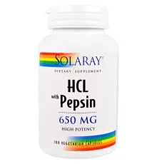 Пробіотики Solaray Бетаїн HCL і Пеппсін, HCL with Pepsin, 650 мг, 100 вегетаріа (SOR-04814)