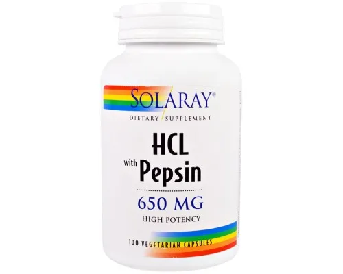 Пробиотики Solaray Бетаин HCL и Пеппсин, HCL with Pepsin, 650 мг, 100 вегетари (SOR-04814)