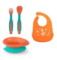 Набор детской посуды Baboo мисочка, гибкие вилка и ложка, нагрудник (10-001 оранж)