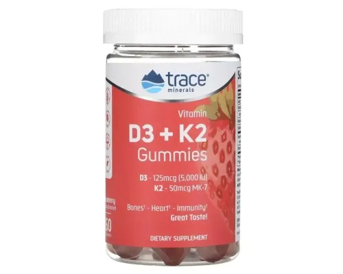 Мультивитамин Trace Minerals Витамин D3 и K2, вкус клубники, Vitamin D3 + K2 Gummies, 60 жевательн (TMR-00754)