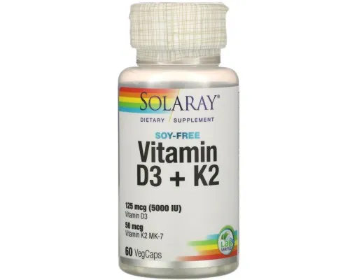 Вітамін Solaray Вітамін D3 + K2, Soy-Free, 60 вегетаріанських капсул (SOR-38584)
