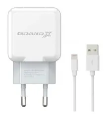 Зарядний пристрій Grand-X USB 5V 2,1A White + cable USB -> Lightning, Cu (CH03LTW)