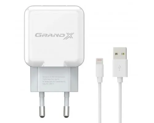Зарядний пристрій Grand-X USB 5V 2,1A White + cable USB -> Lightning, Cu (CH03LTW)