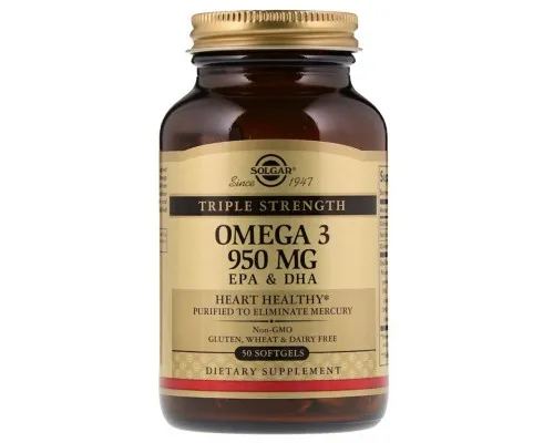 Жирні кислоти Solgar Омега-3, ЕПК і ДГК, Triple Strength, 950 мг, 50 желатинових (SOL-02057)
