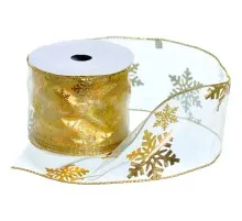 Стрічка на ялинку Jumi з золотими сніжинками 6,5 см, органза, довж. 2,7 м (5900410638273)
