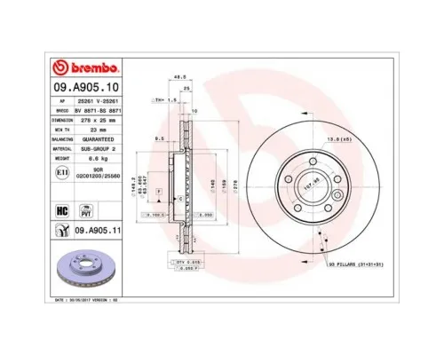 Гальмівний диск Brembo 09.A905.10