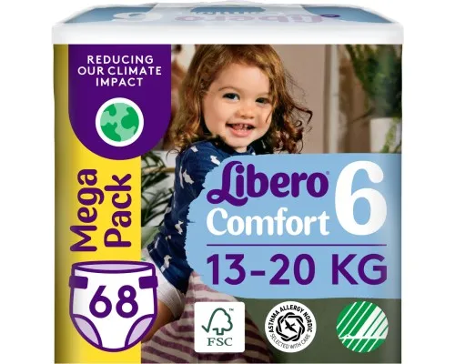 Підгузки Libero Comfort Розмір 6 (13-20 кг) 68 шт (7322541757025)