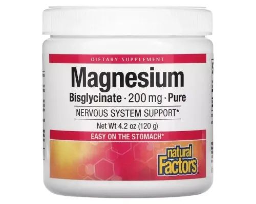 Минералы Natural Factors Магний Бисглицинат в порошке, 200 мг, Magnesium Bisglycinate, Pure, 120 (NFS-01642)