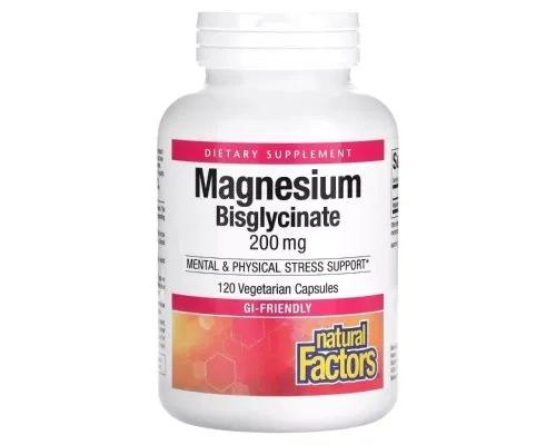 Минералы Natural Factors Магний Бисглицинат, 200 мг, Magnesium Bisglycinate, 120 вегетарианск (NFS-01641)