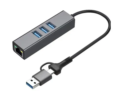 Концентратор USB 3.0 Type-C/Type-A to RJ45 Gigabit Lan, 3*USB 3.0, cable 13 cm Dynamode (DM-AD-GLAN-U3)