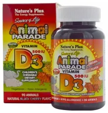 Вітамін Natures Plus Вітамін D3 для Дітей, Смак Чорної Вишні, Animal Parade, 90 ж (NAP-29950)