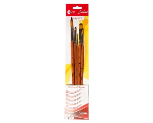 Пензлик для малювання Santi набір художніх №5, синтетика, 3шт круглі (№1,6,12), 2шт плоскі (№4,10), коротка ручка (310838)
