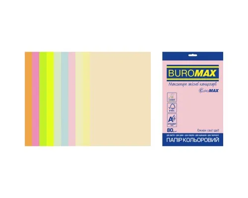 Бумага Buromax А4, 80g, PASTEL+NEON, 10colors, 50sh, EUROMAX (BM.2721750E-99)