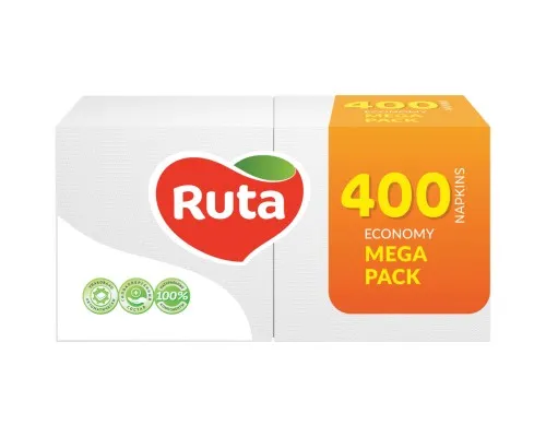 Серветки столові Ruta Mega Pack 1 шар 24х24 см Білі 400 шт. (4820023744622)