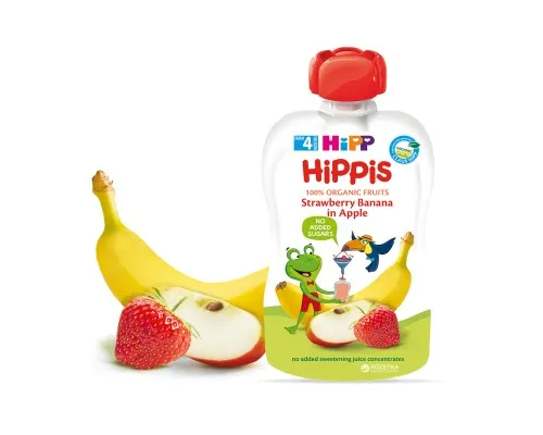Дитяче пюре HiPP HiPPiS Pouch Яблуко-полуниця-банан, 100 г (9062300133759)