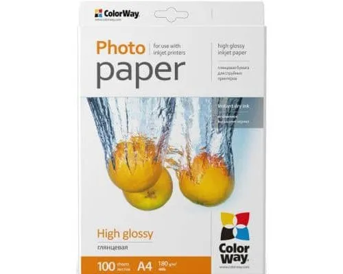 Фотопапір ColorWay A4 180г glossy 100л, картон-пак (PG180100A4)
