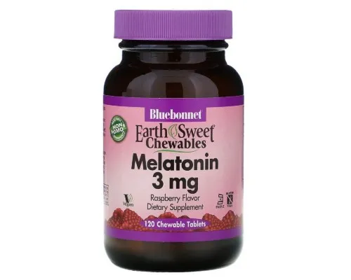 Аминокислота Bluebonnet Nutrition Мелатонин, Melatonin, 3 мг, EarthSweet, Малиновый Вкус, 120 (BLB-00994)