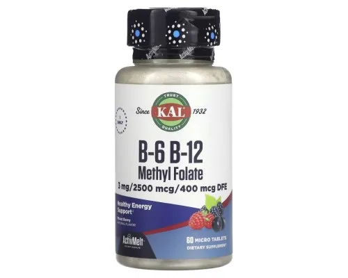 Витамин KAL Витамины B6+B12 и метилфолат, вкус ягод, B-6 B-12 Methyl Folate, 60 ми (CAL-29151)