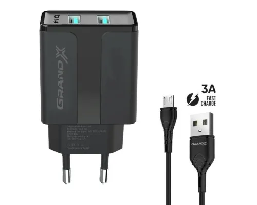 Зарядний пристрій Grand-X CH-15UMB (5V/2,1A + DC cable 2,4А USB -> Micro USB 1m) Black (CH-15UMB)