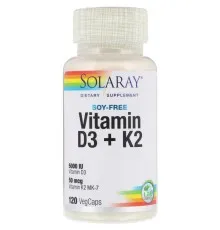 Вітамін Solaray Вітамін D3 + K2, Soy-Free Vitamin D3 + K2, 120 вегетаріанськ (SOR-57445)