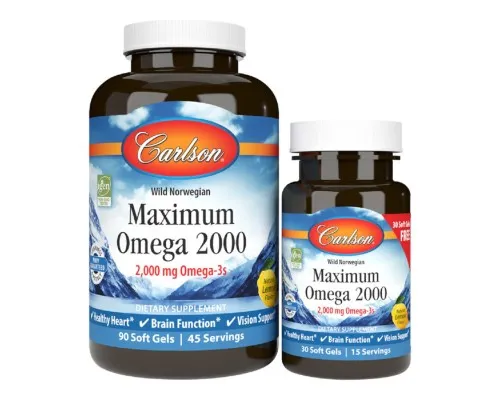 Жирные кислоты Carlson Омега Максимум 2000, Вкус Лимона, Maximum Omega 2000, 90+30 (CL17240)