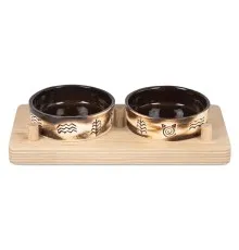 Посуд для котів Природа Етно Миски керамічні 2x200 мл на дерев'яній підставці (4823082418671)