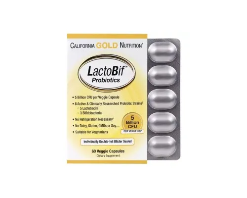 Пробіотики California Gold Nutrition Пробіотик LactoBif, Probiotics, 5 млрд КУО, 60 овочевих капс (CGN-00963)