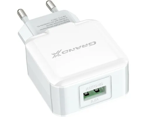 Зарядное устройство Grand-X USB 5V 2,1A White + cable USB -> micro USB, Cu (CH-03UMW)