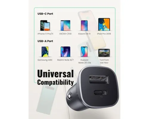 Зарядное устройство Ugreen CD130 20W USB + Type-C PD Car Charger (Gray) (30780)