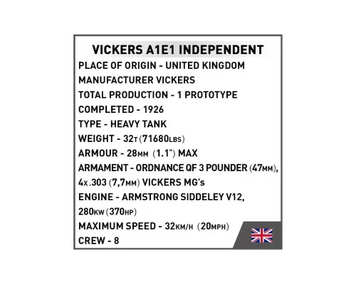 Конструктор Cobi Перша Світова Війна Танк Віккерс A1E1 Незалежний, 886 деталей (COBI-2990)