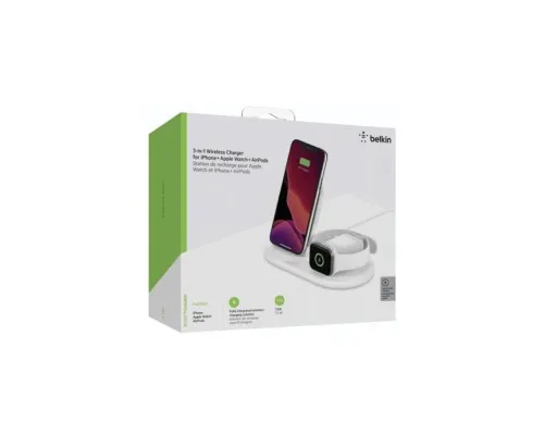 Зарядний пристрій Belkin 3-in-1 Wireless Pad/Stand/Apple Watch, white (WIZ001VFWH)